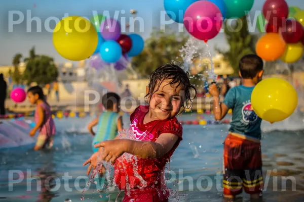 ילדים משחקים במזרקות באר שבע, ממדינת ישראל. תַצלוּם, הבעת פנים, אנשים על החוף