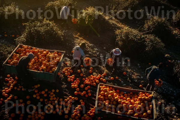 חקלאים קוטפים תפוזים בעמק יזרעאל, ממדינת ישראל. פרי הדר, גוונים וגוונים, נוֹף