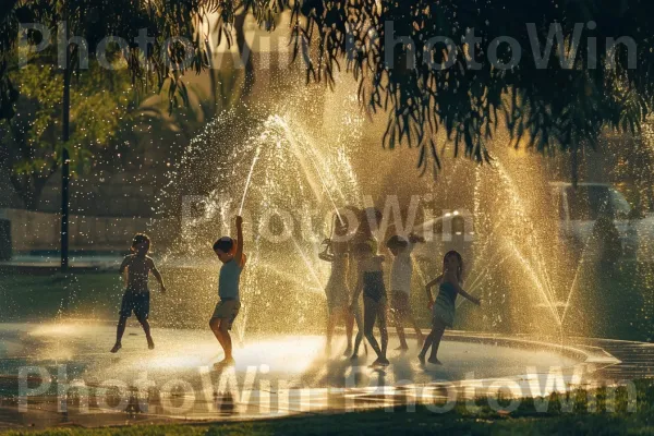 ילדים משחקים בממטרה בפארק חיפה, ממדינת ישראל. מים, עוֹלָם, מִזרָקָה