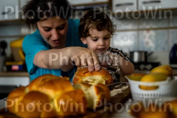 אמא מלמדת את ילדה איך לאפות לחם חלה, ממדינת ישראל. מַרכִּיב, צהוב, מִטְבָּח