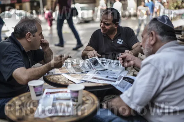 גברים מתווכחים על פוליטיקה בבית קפה בתל אביב, ממדינת ישראל. בן אנוש, שיתוף, נוֹפֶשׁ