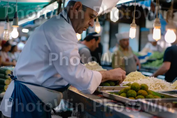 שף מכין פלאפל בשוק הומה, ממדינת ישראל. מִטְבָּח, מזונות טבעיים, בישול