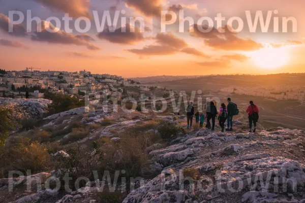 קבוצת חברים מטיילת לצפות בשקיעה מעל ירושלים, ממדינת ישראל. שָׁמַיִם, צמח, זוהר לאחר