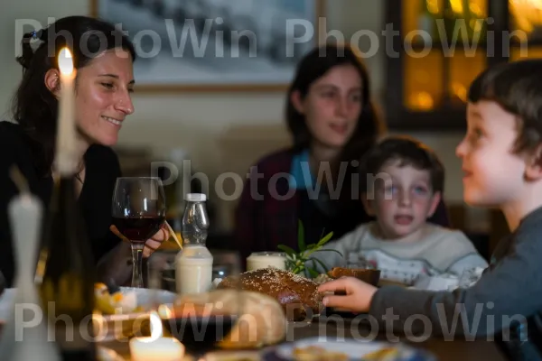 משפחה נהנית מארוחת שבת מסורתית ממדינת ישראל. שולחן, כלי שתייה, יַיִן