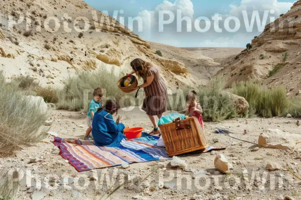 משפחה נהנית מפיקניק במדבר הנגב, ממדינת ישראל. אזור אקולוגי, אנשים בטבע, צמח