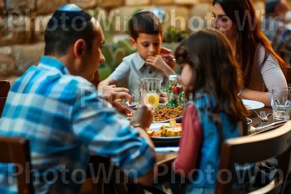 משפחה נהנית מארוחת שבת בעיר העתיקה בירושלים, ממדינת ישראל. כלי שולחן, מזון, כִּסֵא