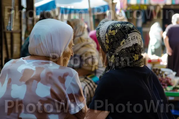 נשים מבוגרות משוחחות בשוק מקומי בחיפה, ממדינת ישראל. מרחב ציבורי, חולצה קצרה, אירוע