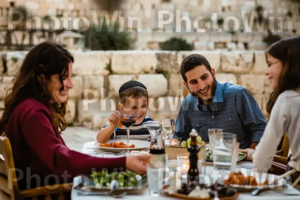 משפחה נהנית מארוחת שבת בעיר העתיקה בירושלים, ממדינת ישראל. כלי שולחן, מזון, בן אנוש