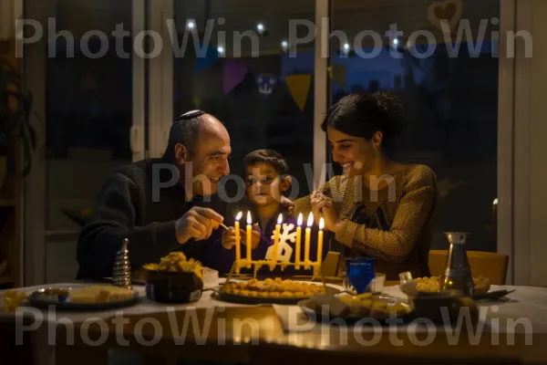 משפחה חוגגת חנוכה בביתה, ממדינת ישראל. שולחן, חיוך, עוגה