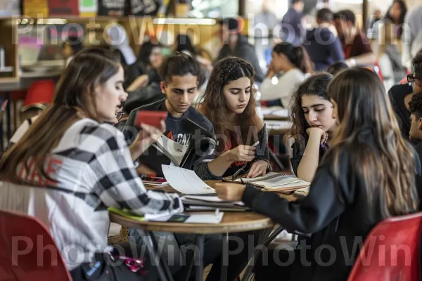 קבוצת סטודנטים לומדת יחד בבית קפה תוסס, ממדינת ישראל. קָהָל, עיצוב רכב, אירוע