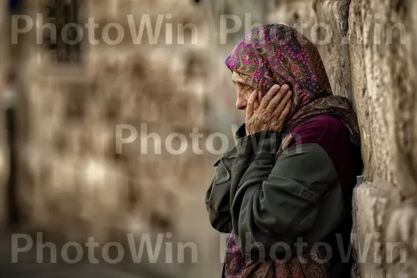 אשה מתפללת בכותל המערבי בעיר העתיקה, ממדינת ישראל. שַׂמֵחַ, עץ, מַגֶנטָה