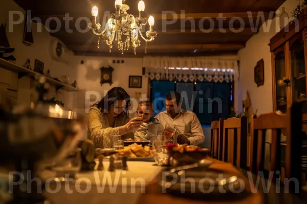 משפחה נהנית מארוחת שבת מסורתית בביתה הנעים ממדינת ישראל. כלי שולחן, מסגרת תמונה, לחלות