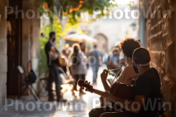 נגני רחוב מופיעים בסמטאות יפו, ממדינת ישראל. כלי מיתר, כלי מיתר מרוט, עִיר