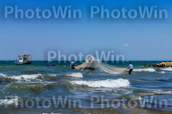 דייגים משליכים רשתות בחופי עכו, ממדינת ישראל. מים, בַּעֲלֵי הַחוּלִיוֹת, ענן