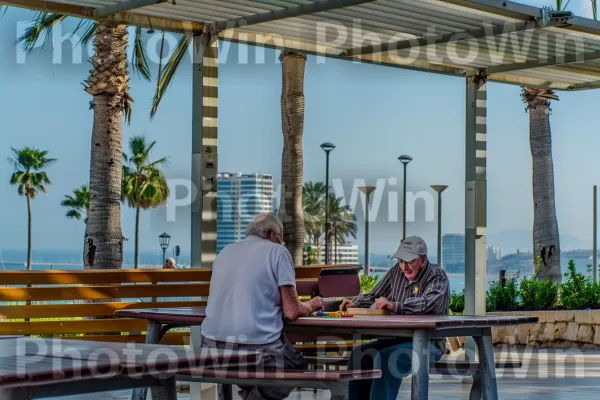 בוגרים משחקים שש בש על ספסל בחיפה, ממדינת ישראל. צמח, צֵל, עץ