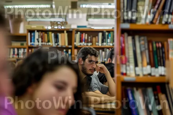 קבוצת סטודנטים הלומדים יחד בספרייה, ממדינת ישראל. כּוֹנָנִית, מַדָף, מדפים