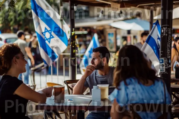 חברים מתכנסים בבית קפה תל אביבי נעים, שיחות ערות ממדינת ישראל. שולחן, אינטראקציה, כלי שולחן