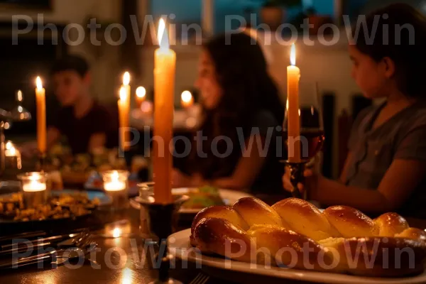 משפחות מתכנסות לארוחת ערב שישי מסורתית ממדינת ישראל. כלי שולחן, מזון, פמוט