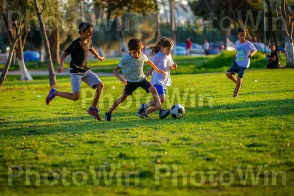 ילדים משחקים כדורגל בפארק תל אביבי, ממדינת ישראל. צמח, כדורגל, שחקן