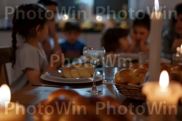 משפחות מתכנסות לארוחת ערב שישי מסורתית ממדינת ישראל. מזון, כלי שתייה, שולחן