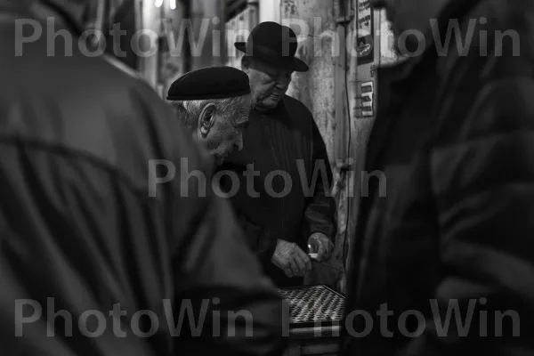 קבוצת קשישים משחקים שש בש בסמטה ירושלמית שקטה, ממדינת ישראל. כובע, סִגְנוֹן, שחור ולבן