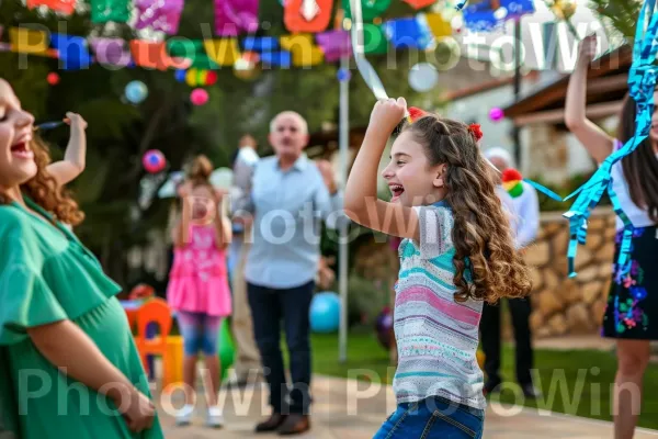 משפחה חוגגת בר מצווה במסיבה חגיגית ממדינת ישראל. ירוק, מִכְנָסַיִים קְצָרִים, פְּנַאִי