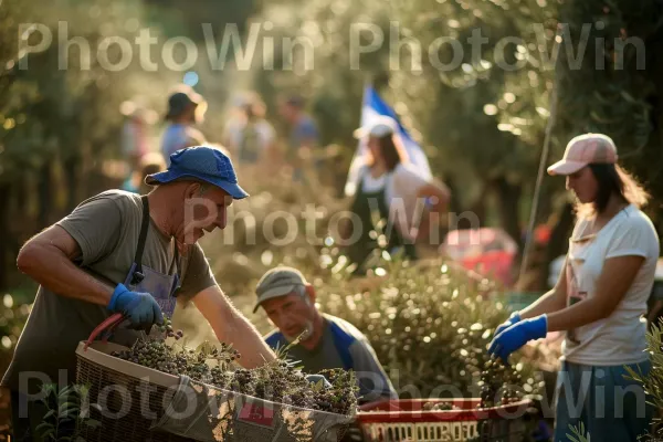 חקלאים מסיק זיתים באזור הגליל, ממדינת ישראל. כובע, עלה, פְּנַאִי