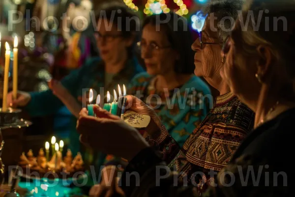 קבוצת נשים מזמרות ברכות על נרות לחג החנוכה, ממדינת ישראל. נר, נר יום הולדת, עוגה