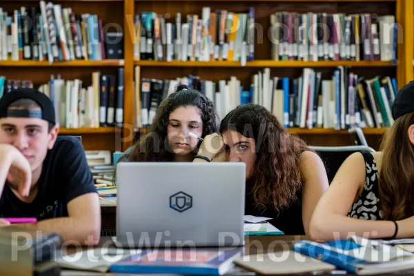 קבוצת סטודנטים הלומדים יחד בספרייה, ממדינת ישראל. מַחשֵׁב, תַצלוּם, כּוֹנָנִית