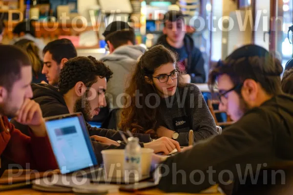 קבוצת סטודנטים לומדת יחד בבית קפה תוסס, ממדינת ישראל. מַחשֵׁב, מחשב אישי, טיפול חזון