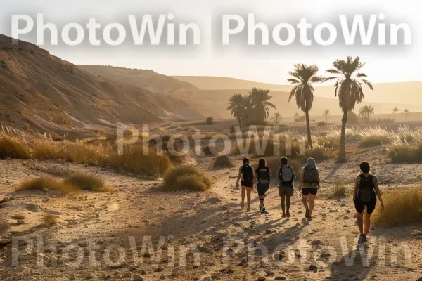 חברים מטיילים במדבר עם הזריחה, ממדינת ישראל. שָׁמַיִם, צמח, סביבה טבעית