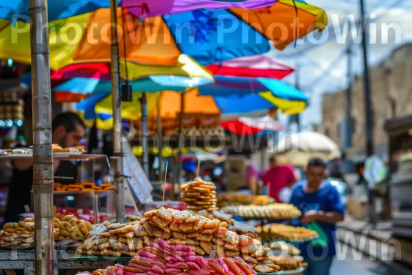 מוכר אוכל רחוב למכירת ממתקים ישראלים מסורתיים בעכו ממדינת ישראל. מִטְבָּח, מרחב ציבורי, שׁוּק