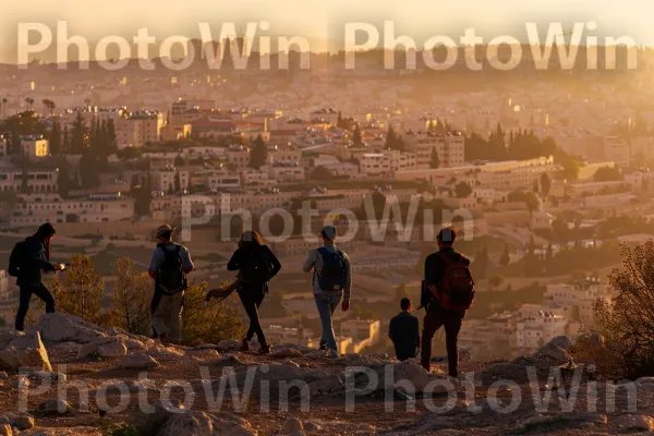 קבוצת חברים מטיילת לצפות בשקיעה מעל ירושלים, ממדינת ישראל. אנשים בטבע, תופעה אטמוספרית, אַפְלוּלִית