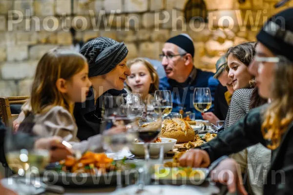 מפגש משפחתי לארוחת שבת בעיר העתיקה בירושלים, ממדינת ישראל. מזון, כלי שולחן, כוס יין