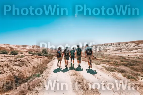 קבוצת חברים מטיילת במדבר הנגב, ממדינת ישראל. צמח, קהילת צמחים, מִכְנָסַיִים קְצָרִים