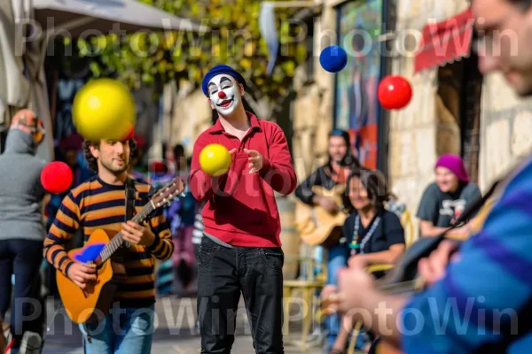 אמני רחוב משעשעים המונים ביפו השוקקת, ממדינת ישראל. כתום, בידור, בַּלוֹן