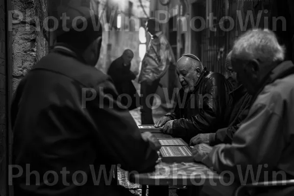 קבוצת קשישים משחקים שש בש בסמטה ירושלמית שקטה, ממדינת ישראל. שָׁחוֹר, סִגְנוֹן, ז\'קֵט