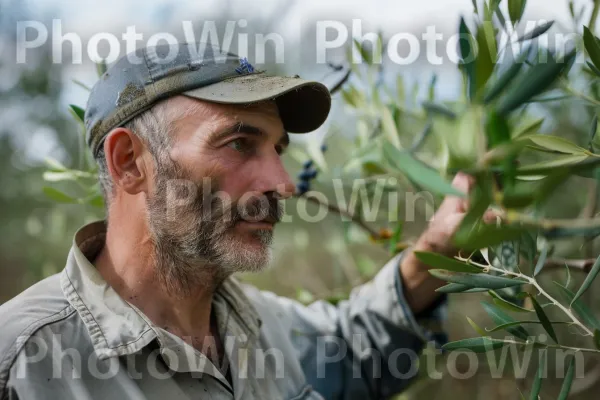 חקלאי מטפל במטע הזיתים שלו בכפר, ממדינת ישראל. הִסתַגְלוּת, חַקלאַי, כובע