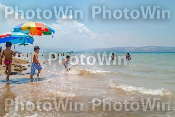 משפחות נהנות מיום שמשי בים הגליל, משתכשכים במים, ממדינת ישראל. ענן, צבע תכלת, החוף