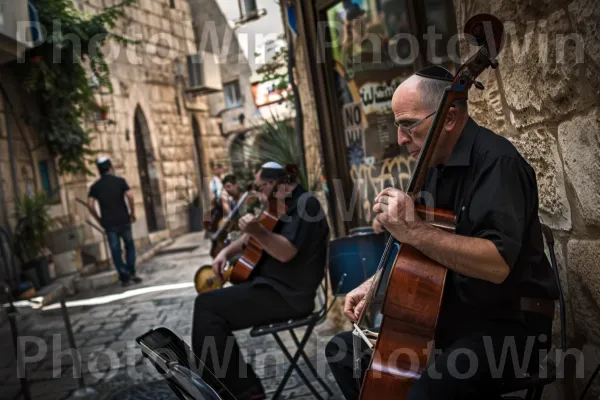 נגני רחוב בהופעה בעיר העתיקה של יפו, ממדינת ישראל. כלי נגינה, משפחת כינורות, כלי מיתר מרוט