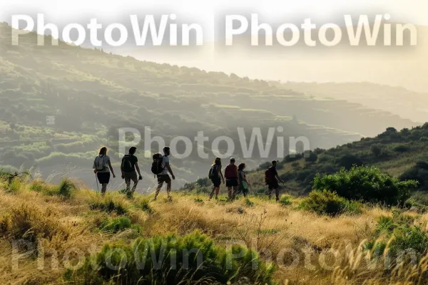 קבוצת חברים מטיילת ברמת הגולן, ממדינת ישראל. קהילת צמחים, נוף טבעי, היילנד