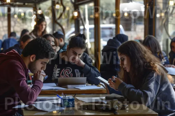 קבוצת סטודנטים לומדת יחד בבית קפה תוסס, ממדינת ישראל. ז\'קֵט, אירוע, כֵּיף