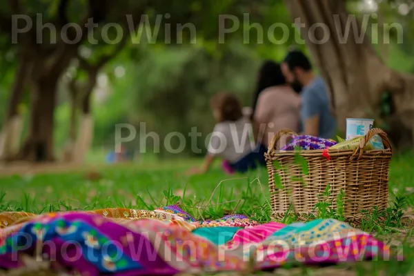 משפחה נהנית מפיקניק בפארק שופע, ממדינת ישראל. טֶבַע, סל פיקניק, שַׂמֵחַ