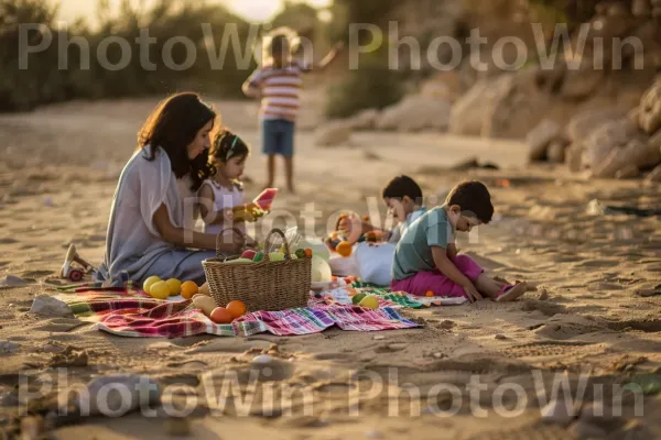 משפחה נהנית מפיקניק בחוף הים, ממדינת ישראל. שַׂמֵחַ, עֵץ, פְּנַאִי