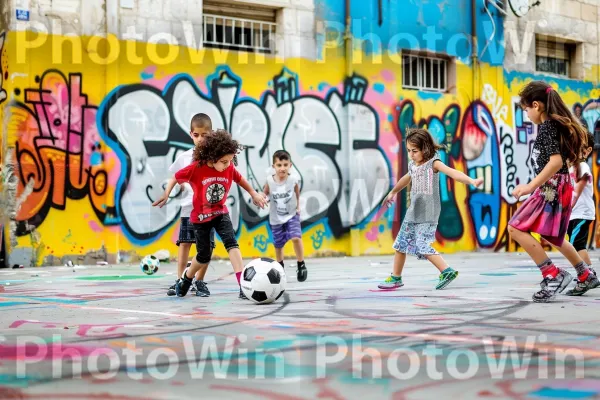 ילדים משחקים כדורגל ברחובות תל אביב, ממדינת ישראל. הַנעָלָה, חַלוֹן, אומנות