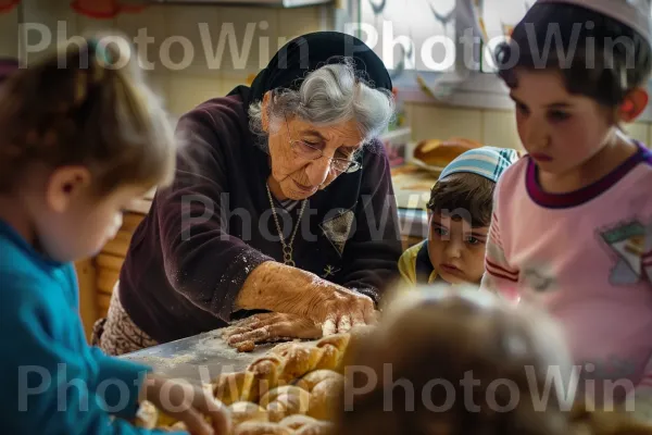 סבתא מלמדת את נכדיה לאפות חלה, ממדינת ישראל. שיער, אֵיבָר, שיתוף