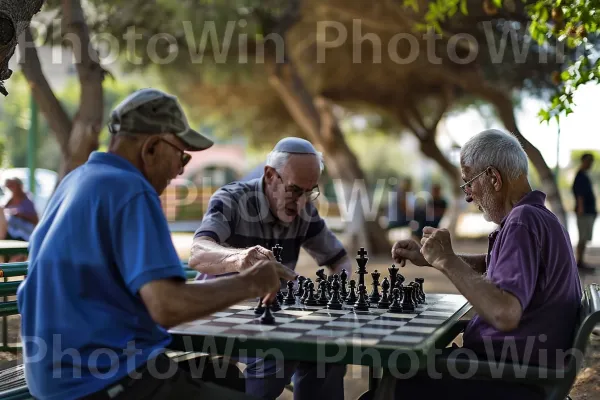 קשישים משחקים שחמט בפארק בבאר שבע, ממדינת ישראל. שולחן, משחקים וספורט מקורה, כובע בייסבול