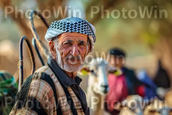 רועה בדואי מוביל את עדרו בכפר ממדינת ישראל. זָקָן, שַׂמֵחַ, שיער פנים