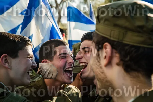 קבוצת חיילים צעירים צוחקים ומתבדחים ביחד, ממדינת ישראל. חיוך, שַׂמֵחַ, דֶגֶל