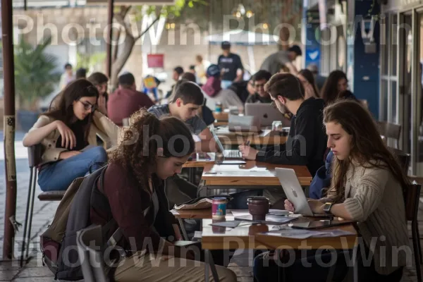 סטודנטים לומדים בבית קפה בתל אביב, ממדינת ישראל. שולחן, מחשב אישי, מַחשֵׁב